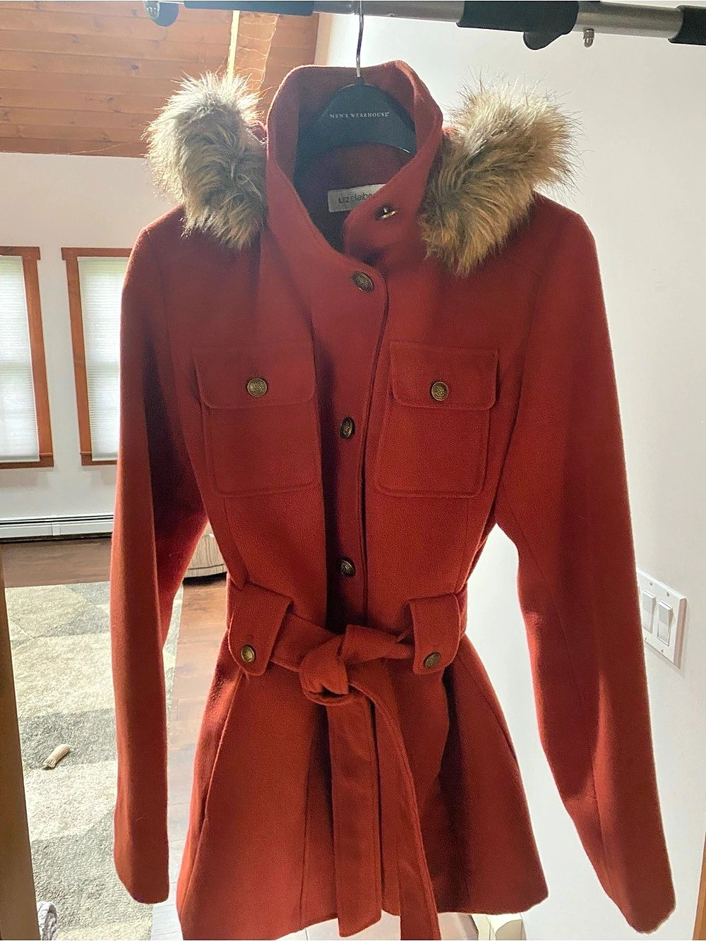 Hooded Belted Liz Laiborne Coat in Burnt Orange w removable fur lined hood